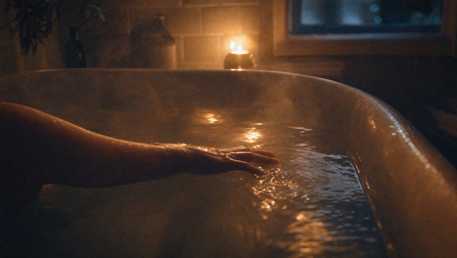 A hot bath run late at night, steam rising — the nightly ritual of trying to get warm enough to sleep