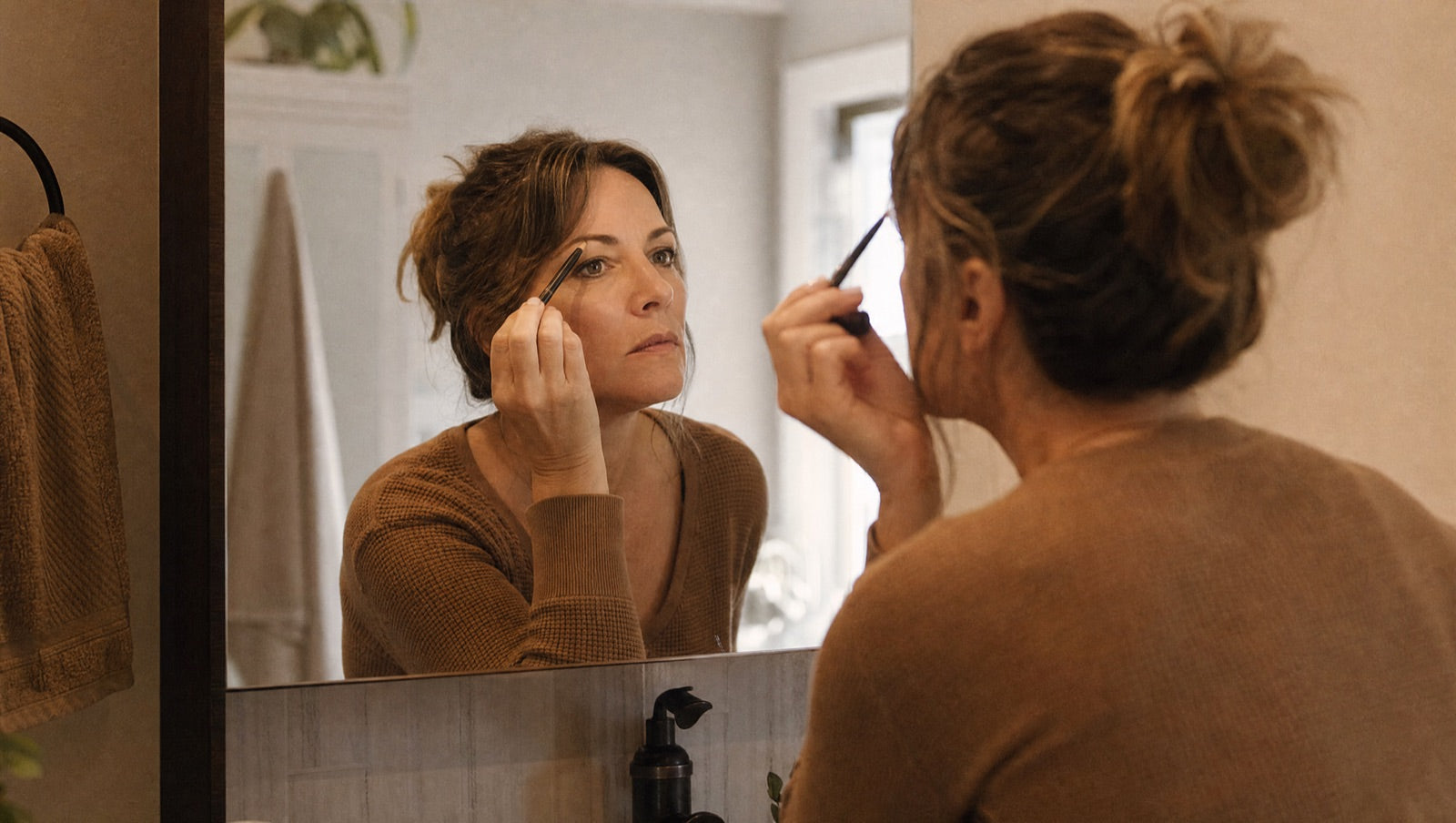 A woman at her bathroom mirror in the morning, neatly drawing her eyebrows on with a small brow pencil