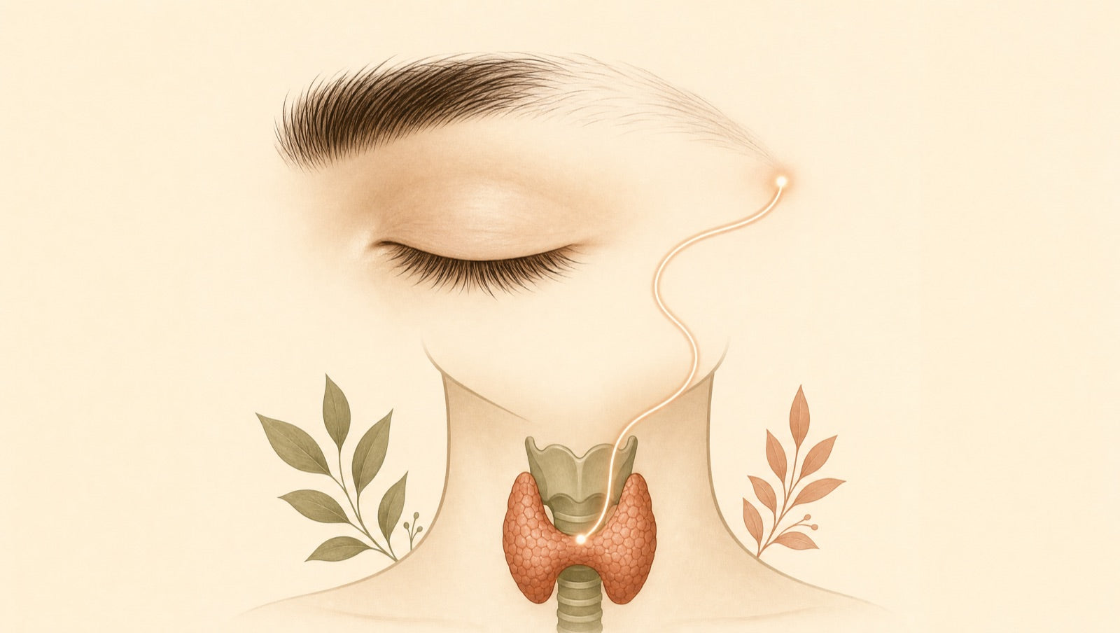 Diagram — an eyebrow with its outer third faded, a soft line connecting down to the thyroid gland at the base of the neck