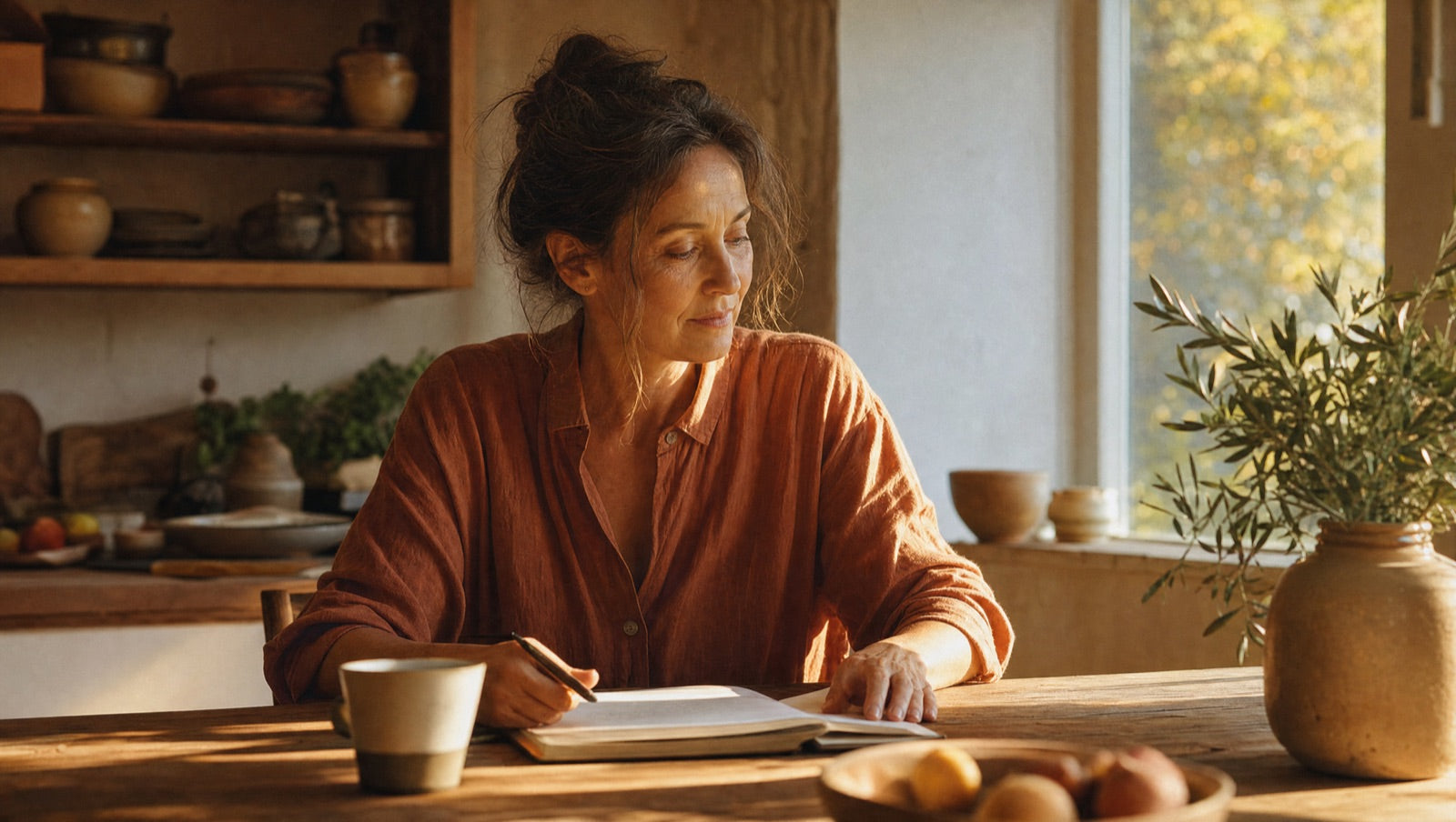 Late-afternoon light across a kitchen table, a woman working, upright and present
