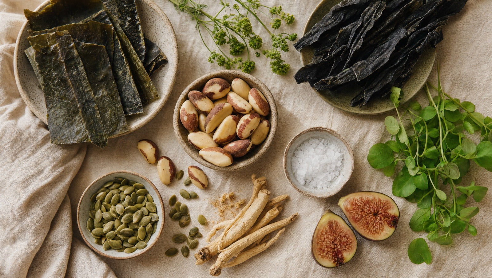 Whole foods rich in thyroid-supporting nutrients — kelp and seaweed, brazil nuts, pumpkin seeds, sea salt, ashwagandha root and fresh greens