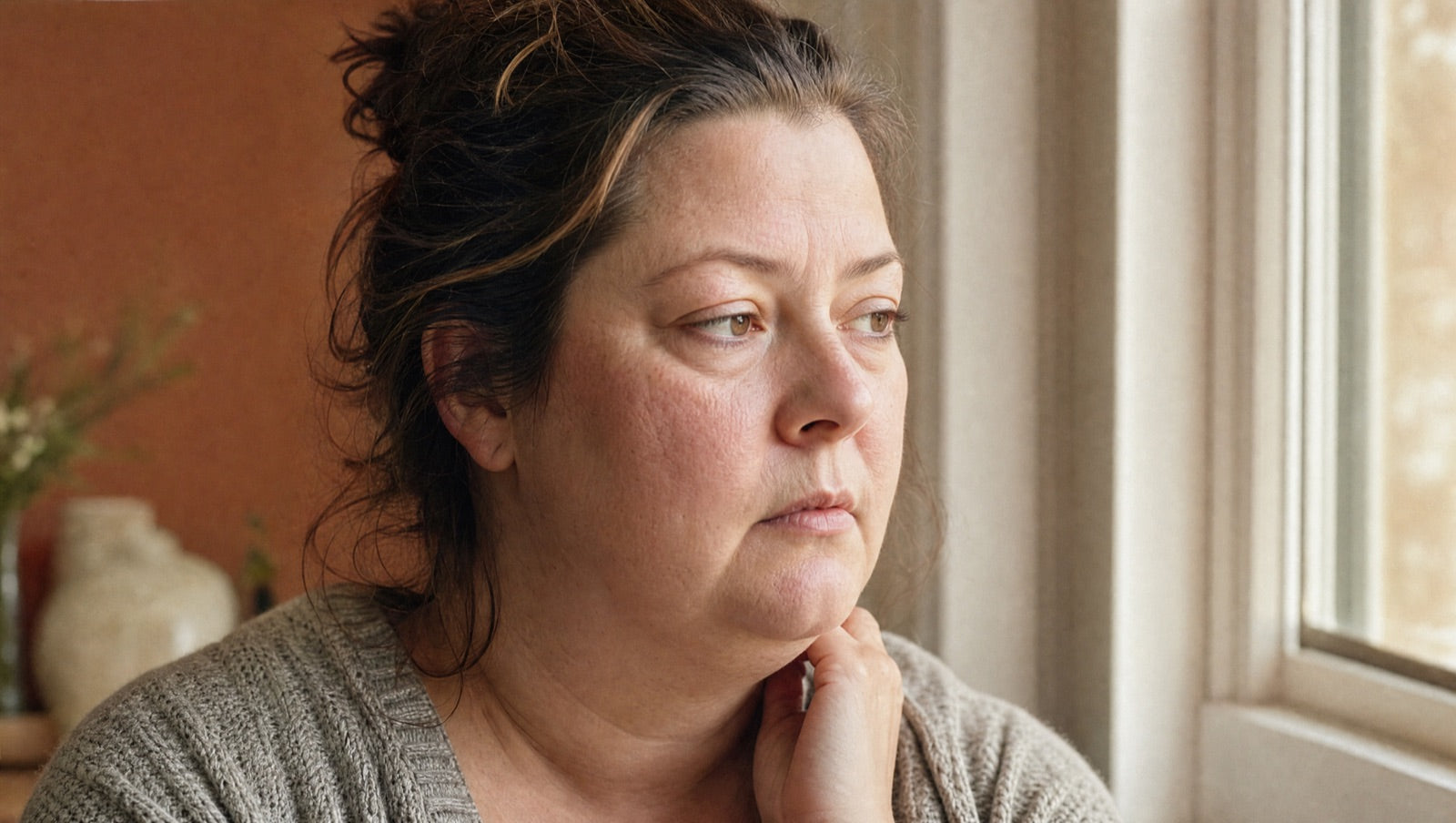 An honest portrait of a woman's face showing the soft facial puffiness of an underactive thyroid, warm morning light