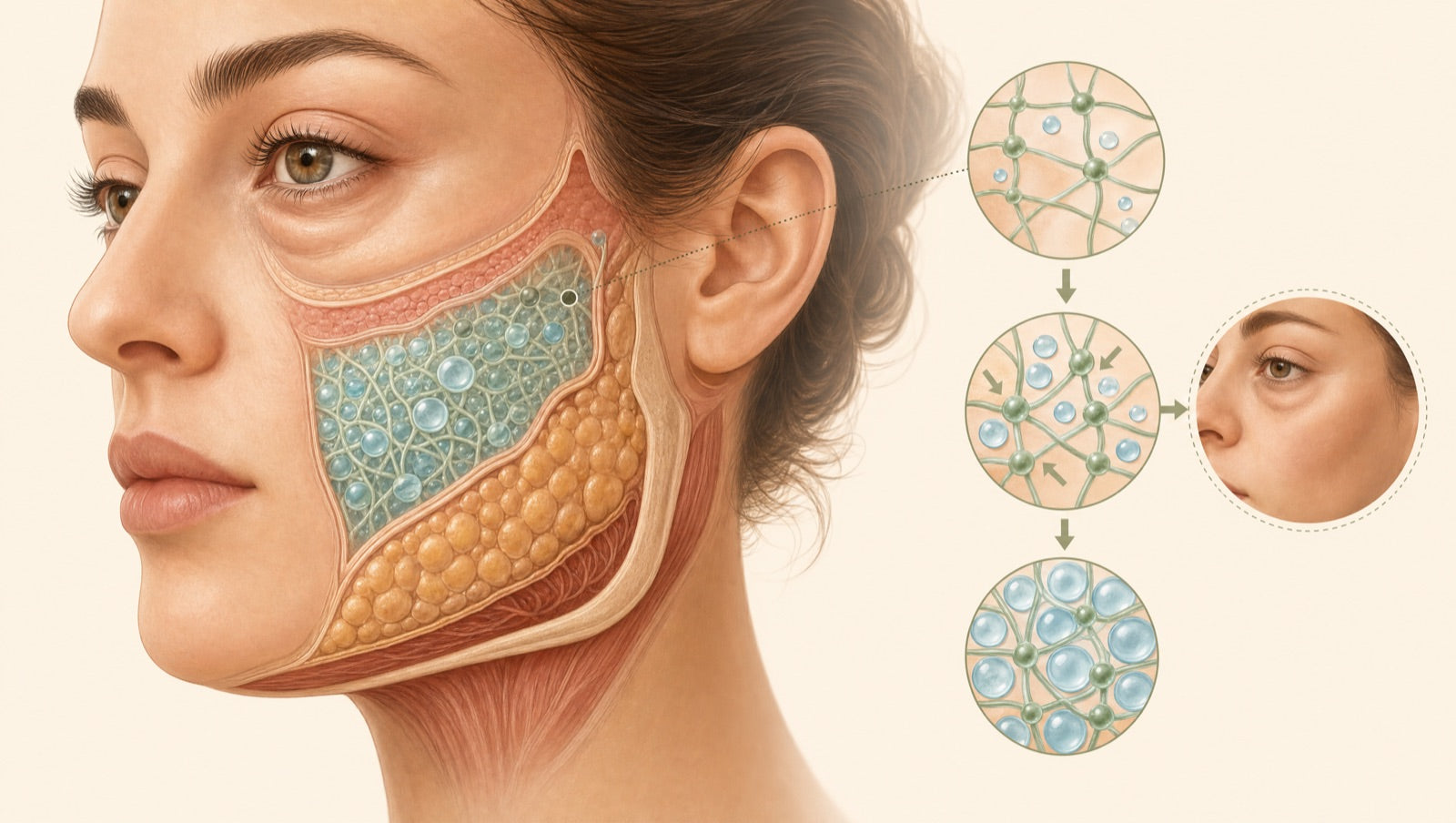 Illustration — water-binding compounds drawing fluid into the soft tissue of the face, under the eyes and along the jaw
