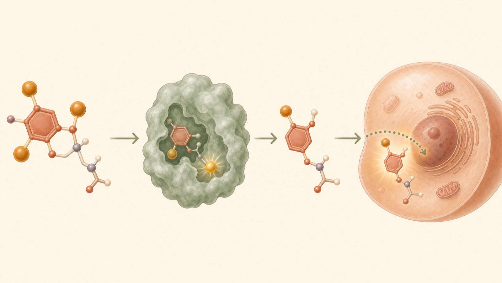 Illustration — the conversion of thyroid hormone T4 into active T3: the storage hormone, the enzyme, and the active hormone reaching a cell