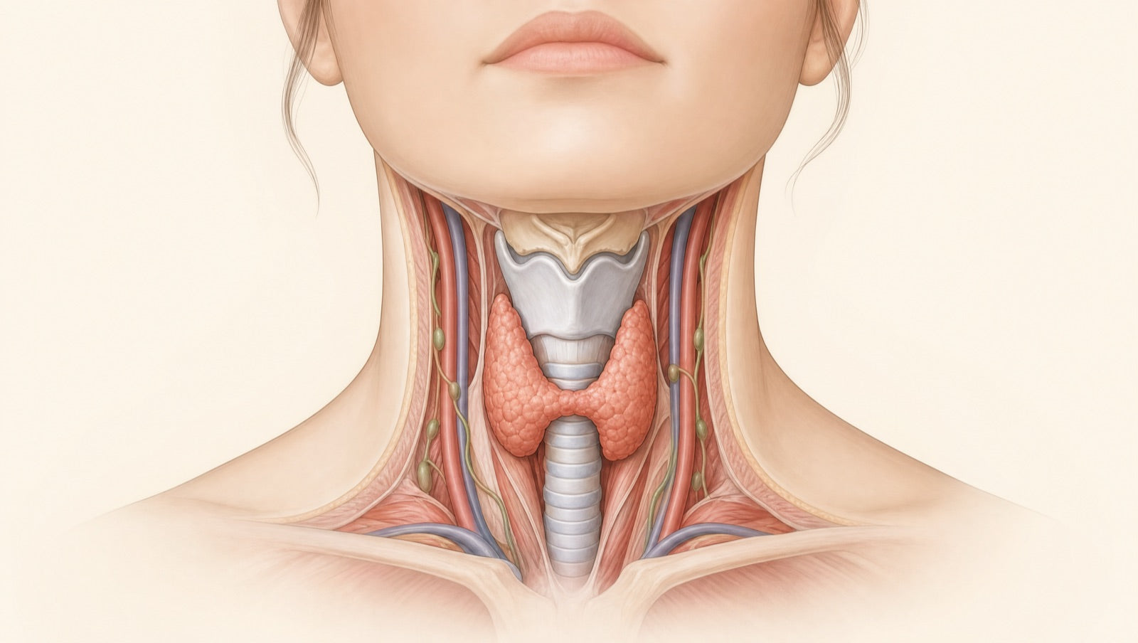 Illustration of the thyroid gland wrapped around the windpipe at the base of the neck