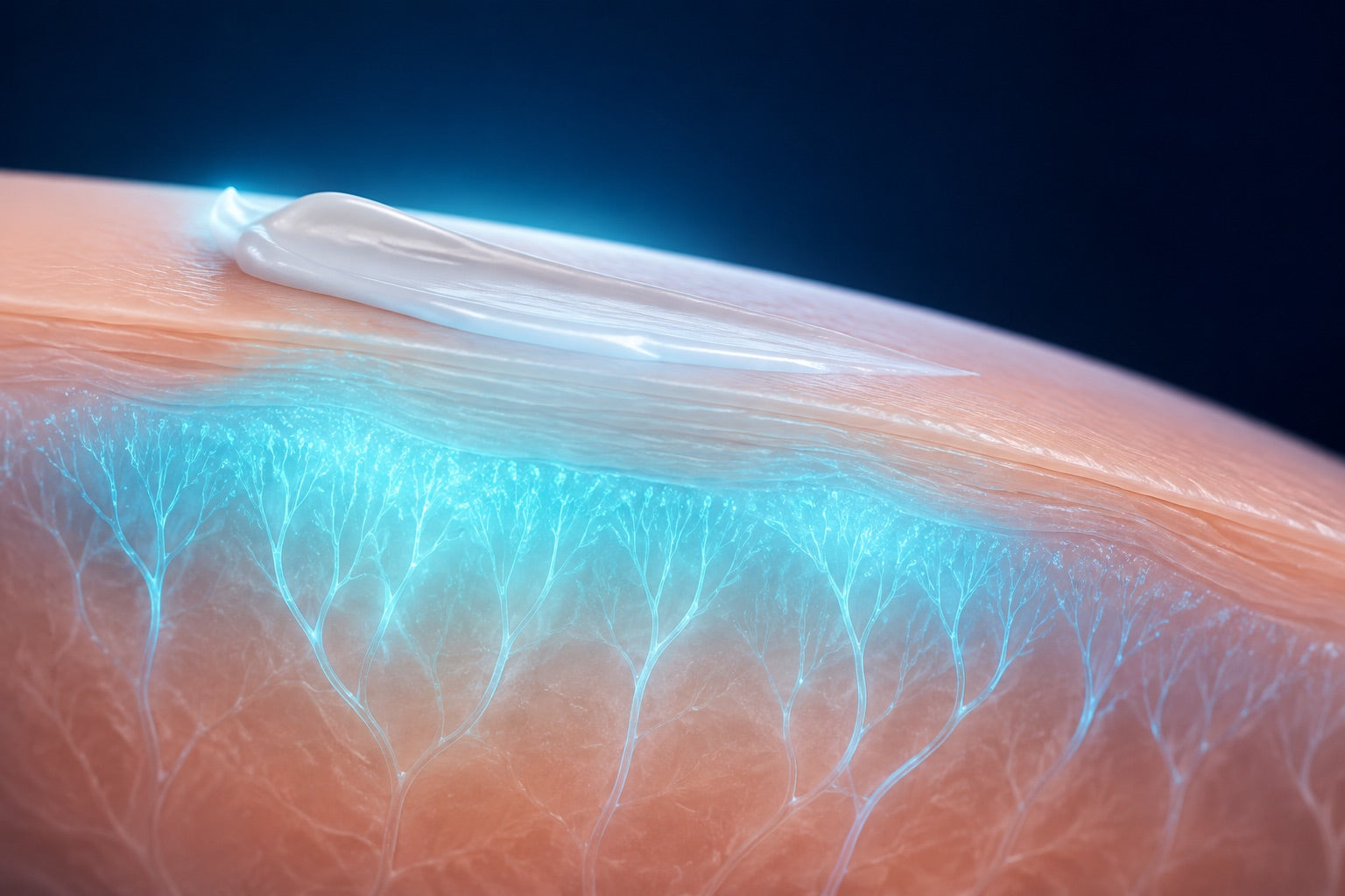 Conceptual cutaway of cream on skin with cooling around shallow nerve endings