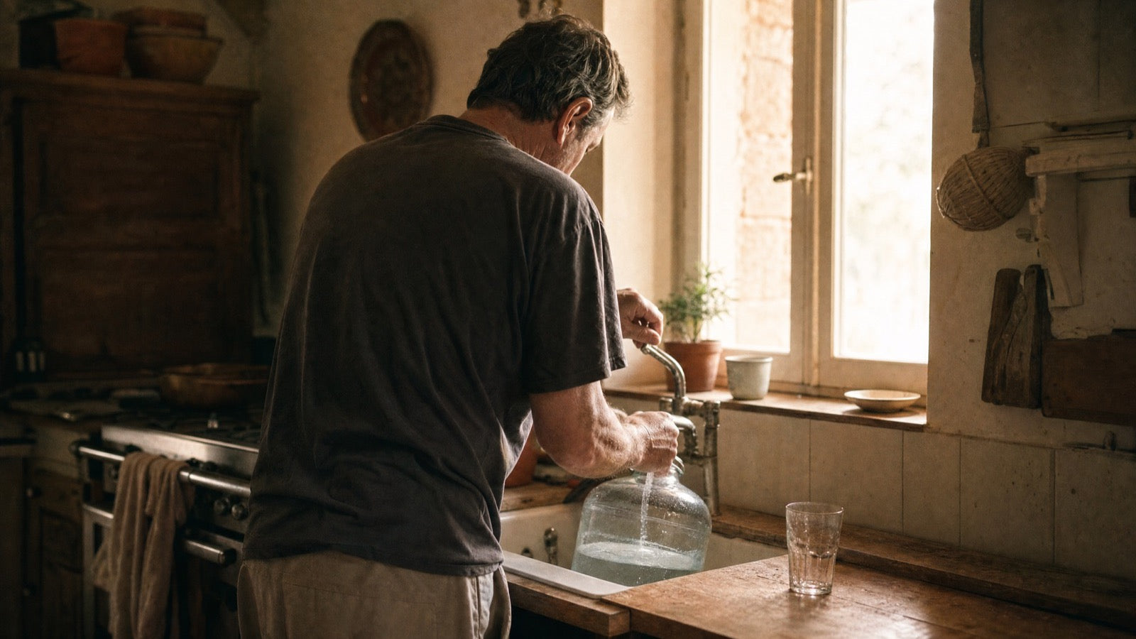A man filling a water jug at a kitchen sink in morning light