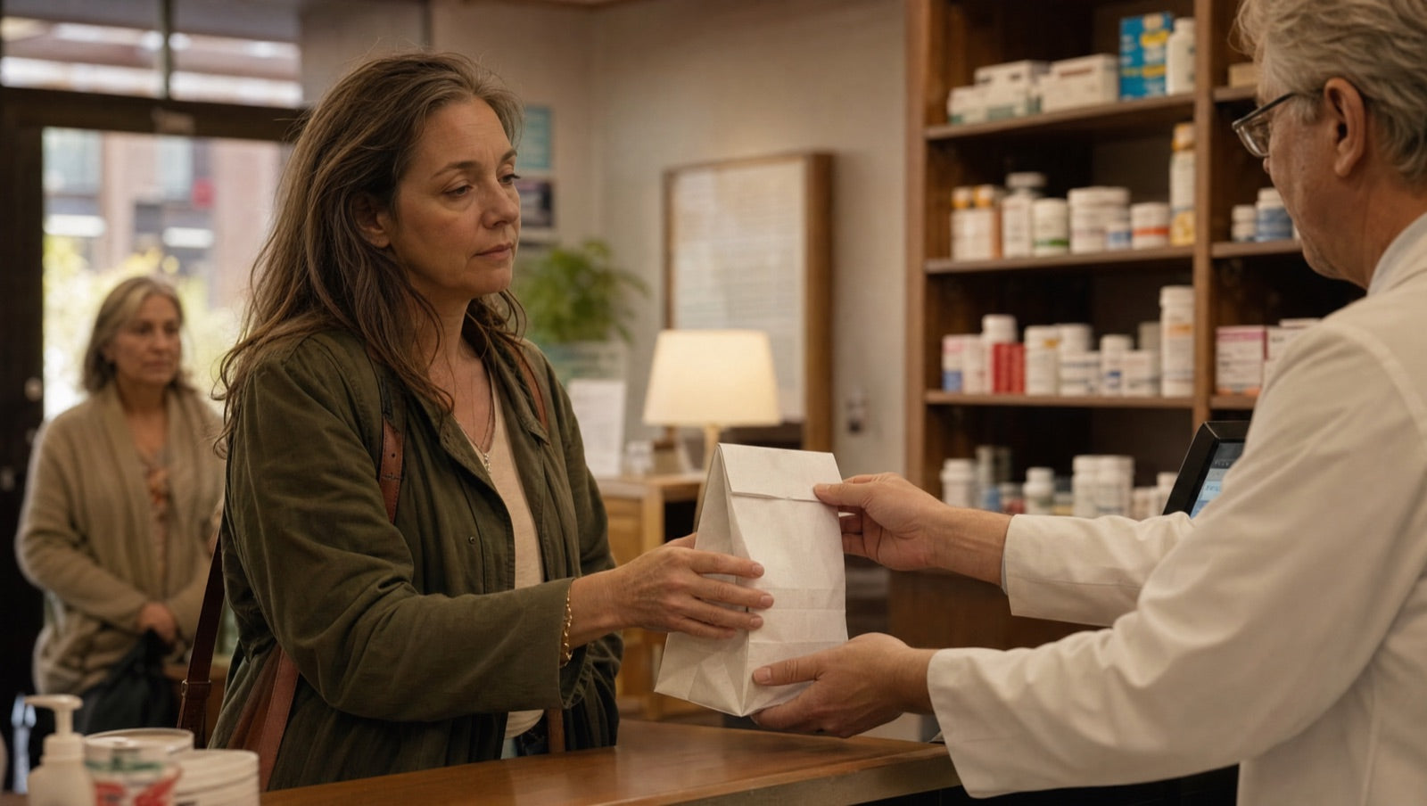 A weary woman receives a prescription bag at a pharmacy counter