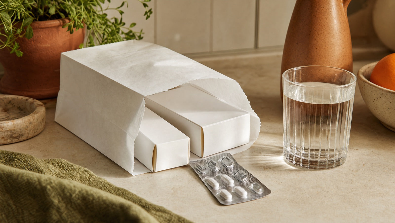 A pharmacy bag with medicine boxes and a pill blister pack on a kitchen counter