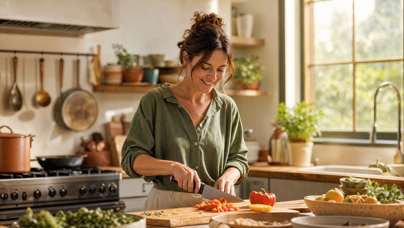 A woman cooking happily in a sunlit kitchen on an ordinary day