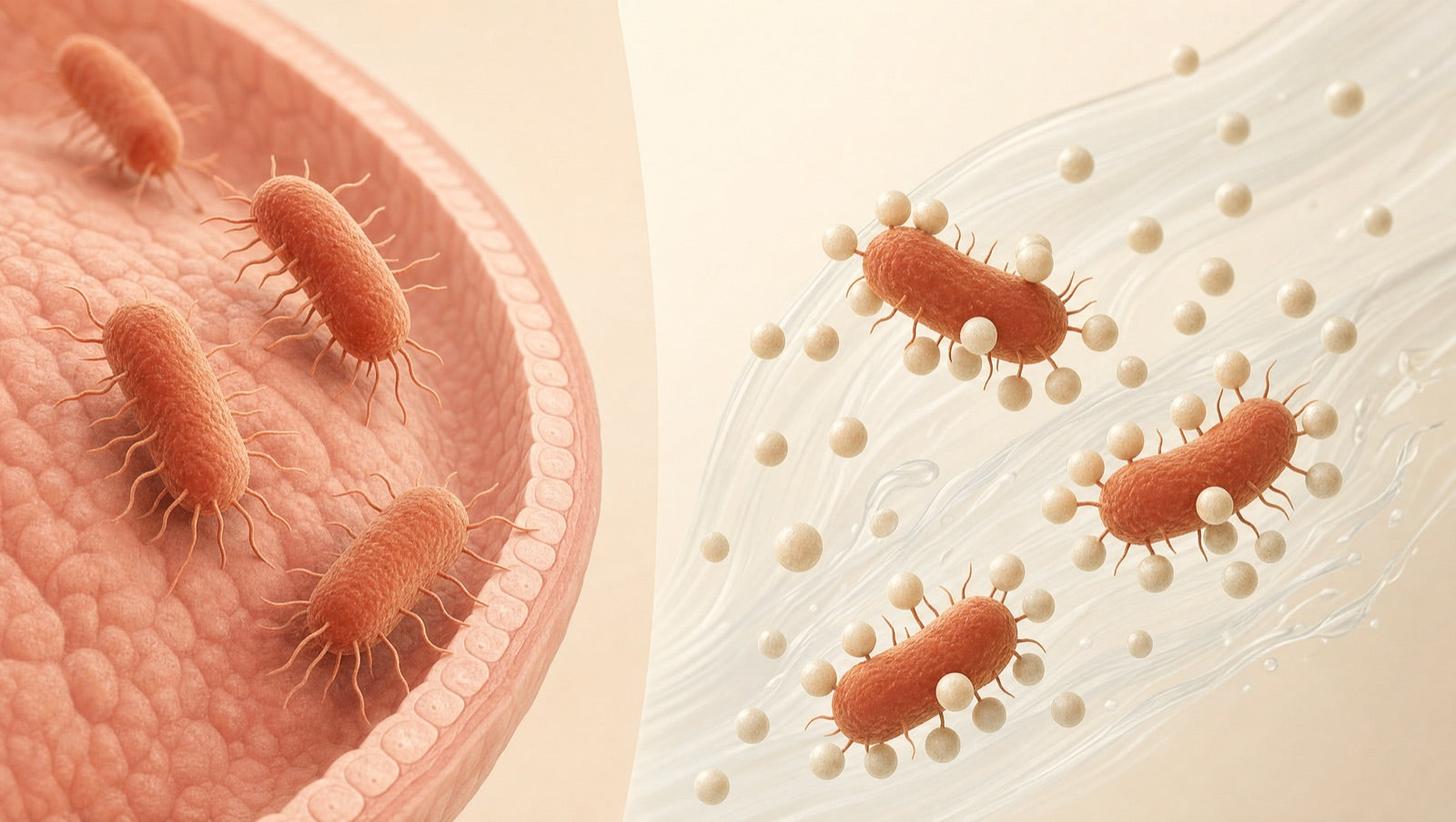 Anti-adhesion illustration: E. coli hooks gripping the bladder wall, and the same bacteria latching onto D-mannose decoys and washing away