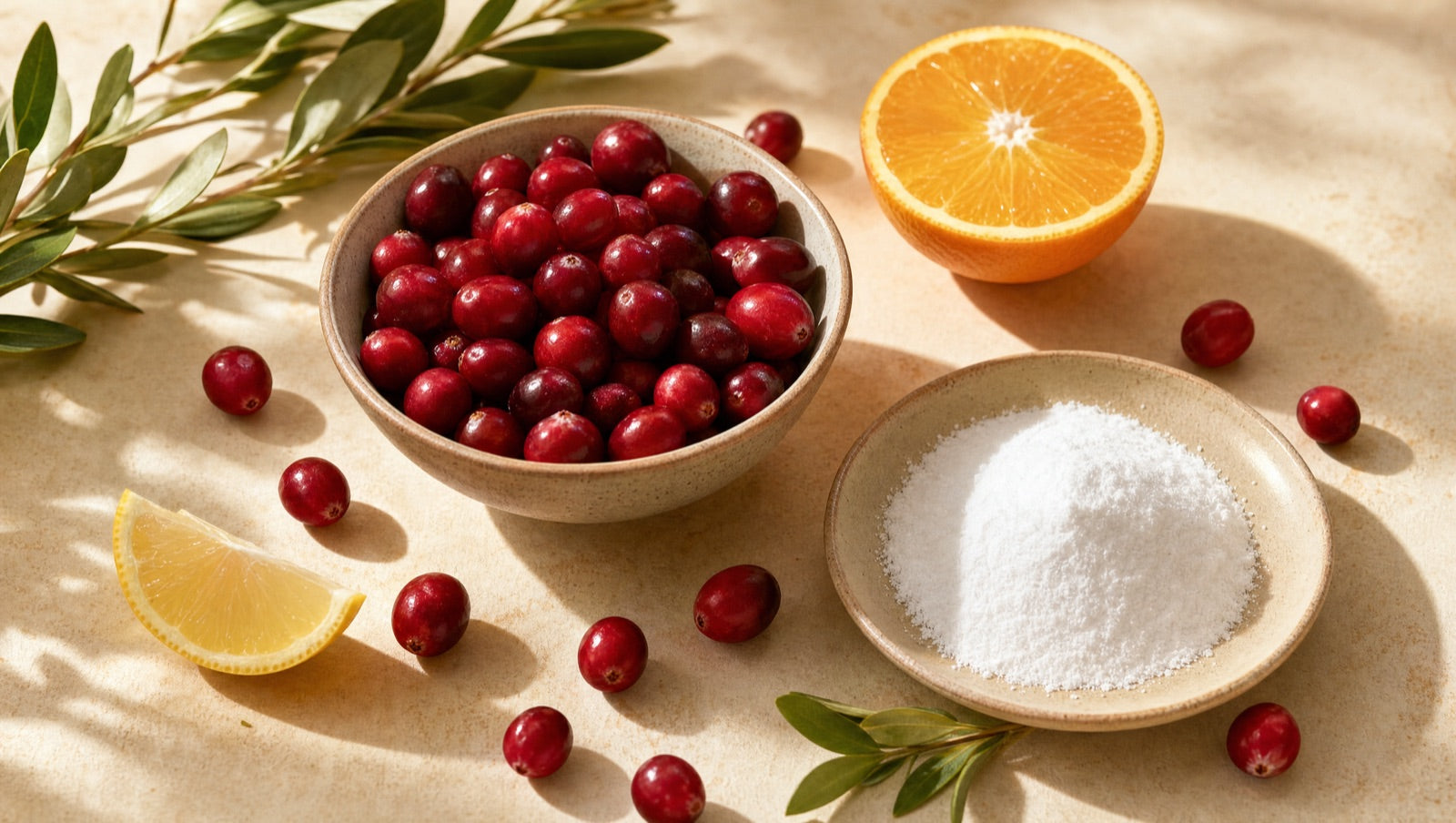 Whole cranberries, citrus, and D-mannose powder on a warm cream surface