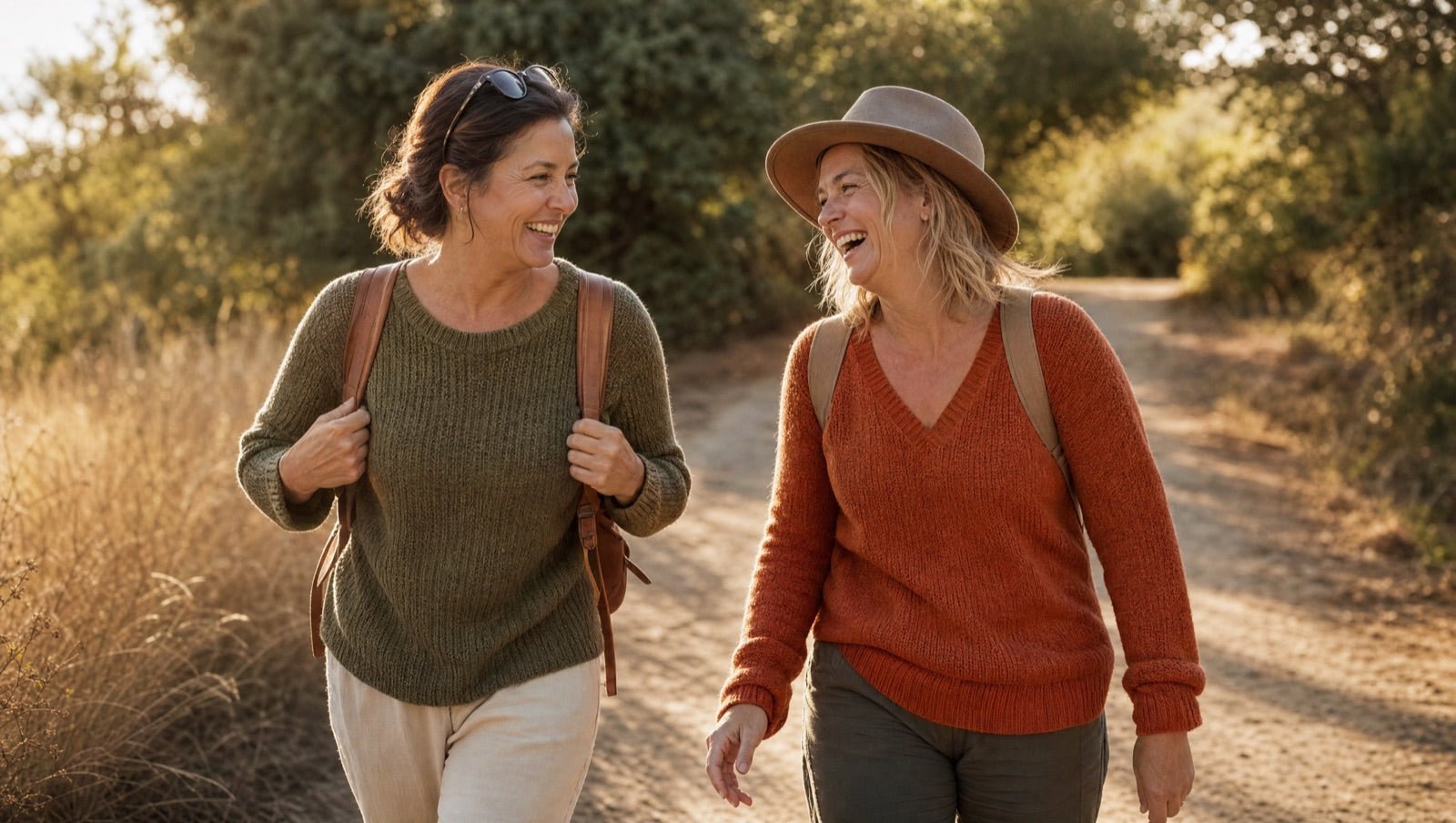 Two women laughing together on a walk outdoors in warm afternoon light