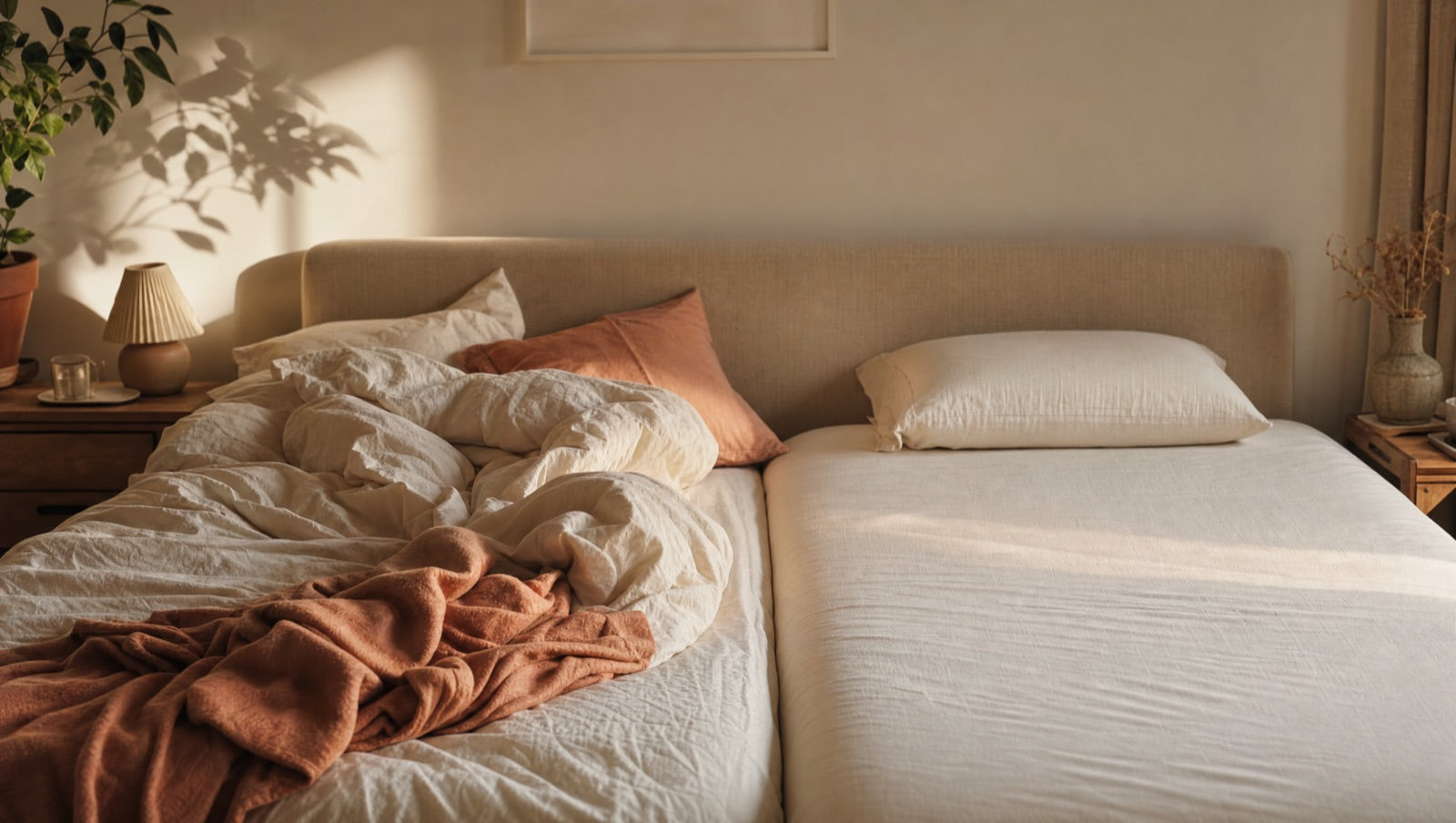 An unmade bed with one side untouched in soft morning light