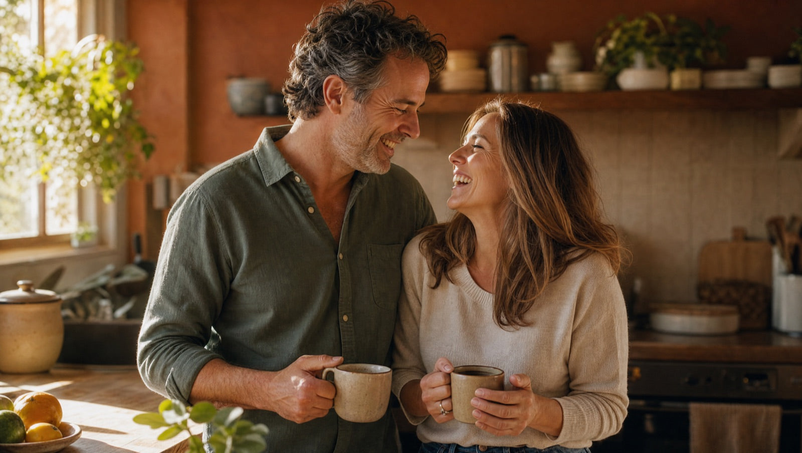 A couple laughing together over coffee in a warm kitchen