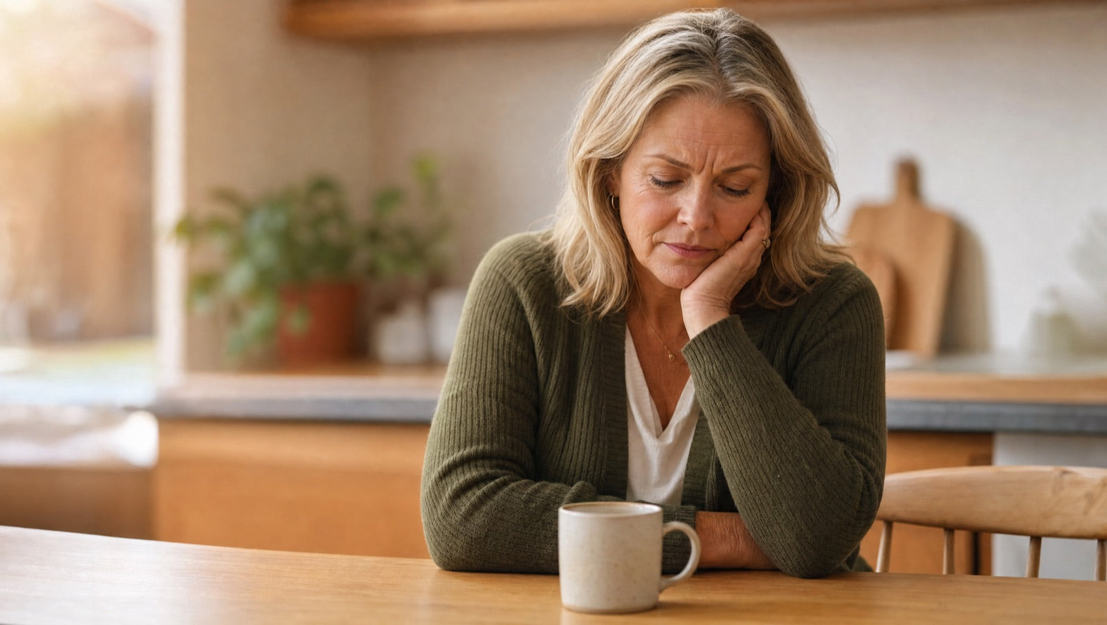 A woman in her mid-fifties at her kitchen table, weary and lost in a private, unguarded moment