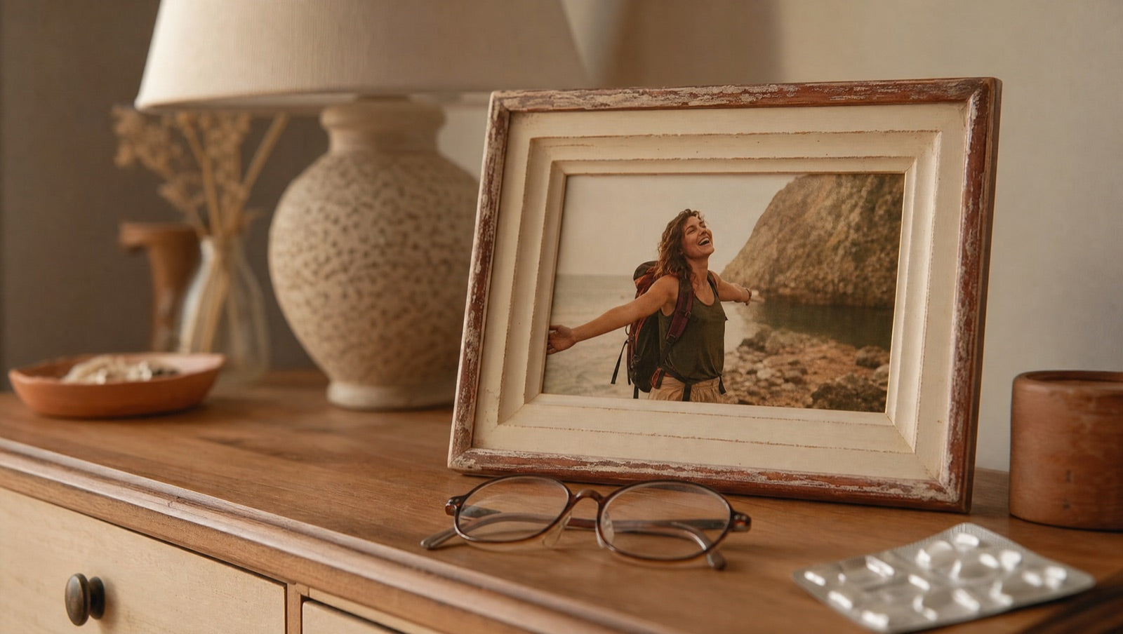 An old photo of a vibrant younger woman beside reading glasses and a strip of medicine