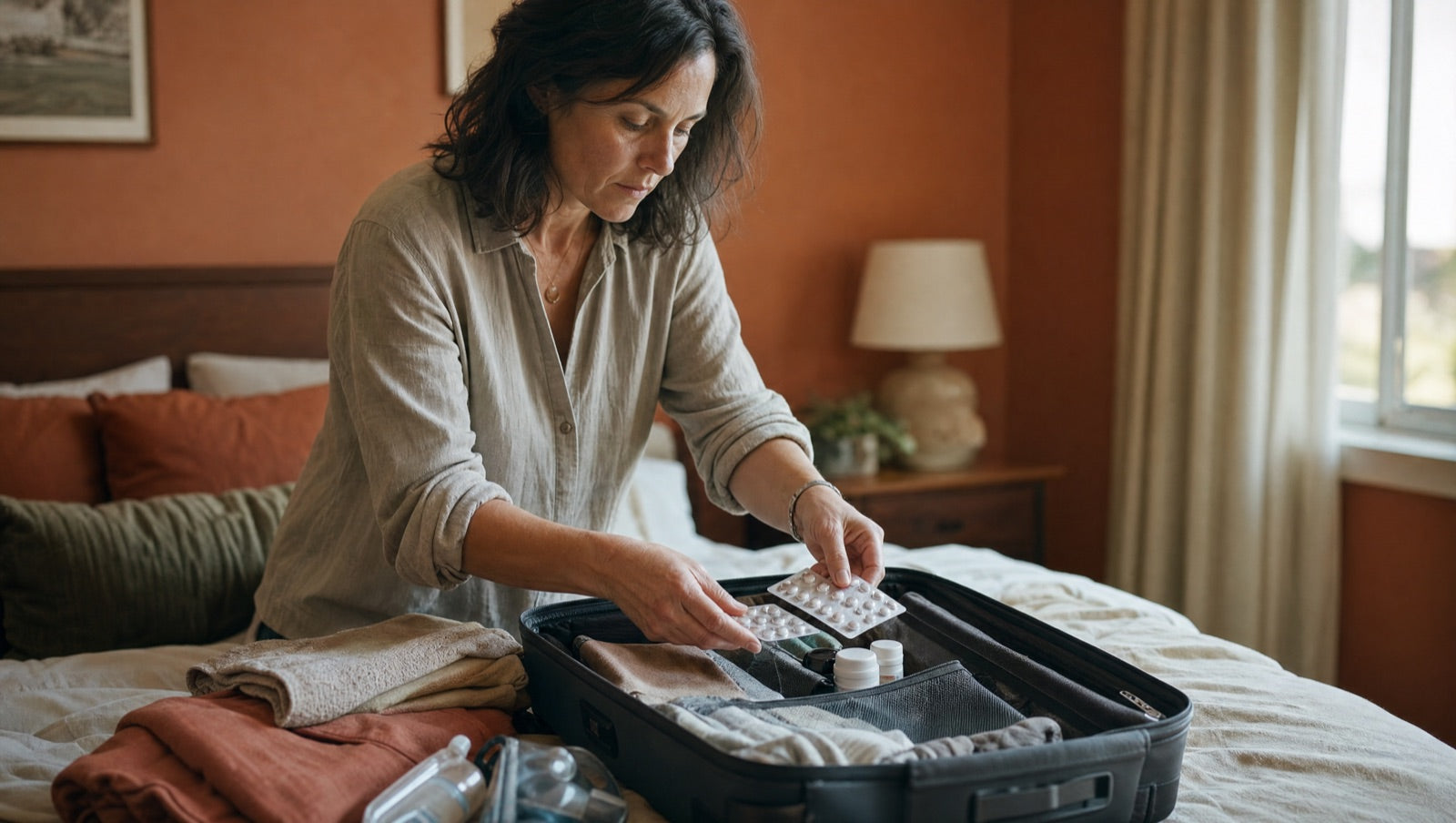 A woman packing medication into her suitcase first, before her clothes