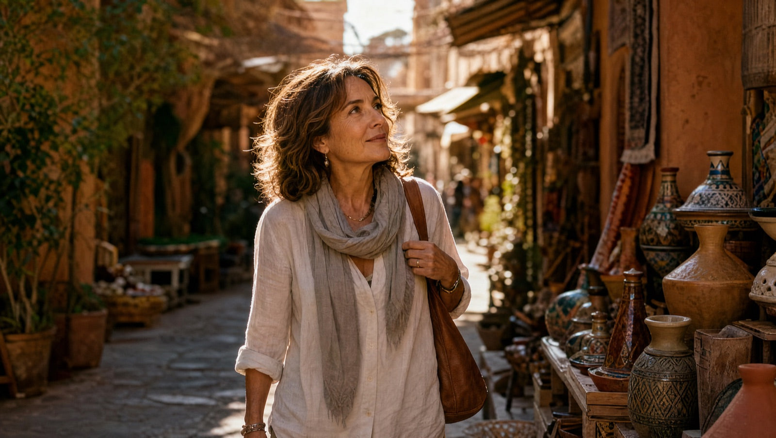 A woman exploring a sunlit market street on a trip, at ease