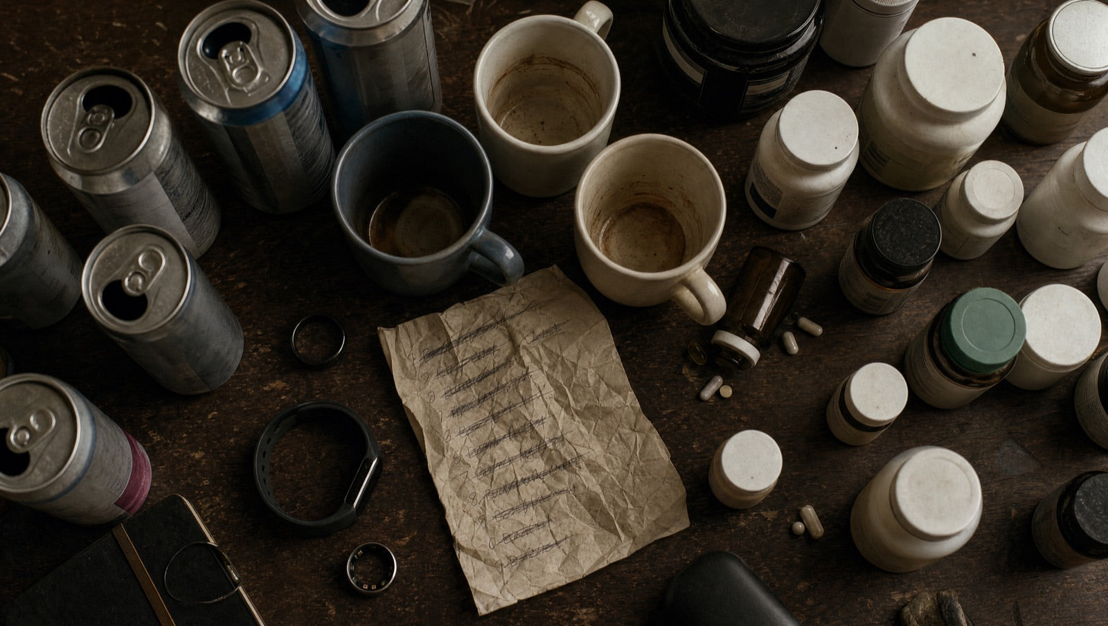 A pile of failed fatigue fixes: energy drinks, empty coffee mugs, sleep gadgets and supplement bottles