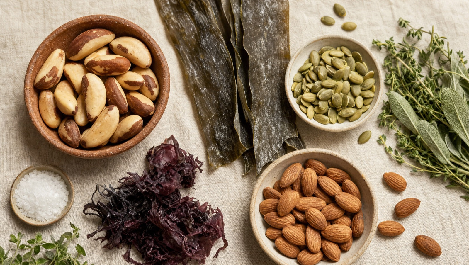 Whole-food sources of thyroid nutrients arranged on cream linen