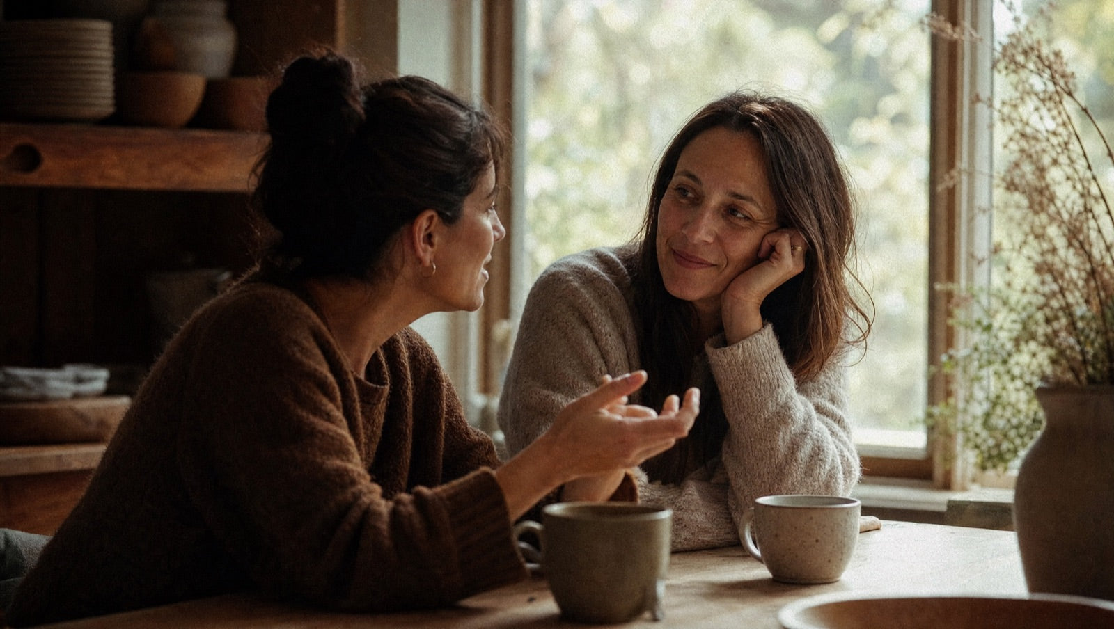 Two women talking warmly over coffee, one telling the other about something that helped her