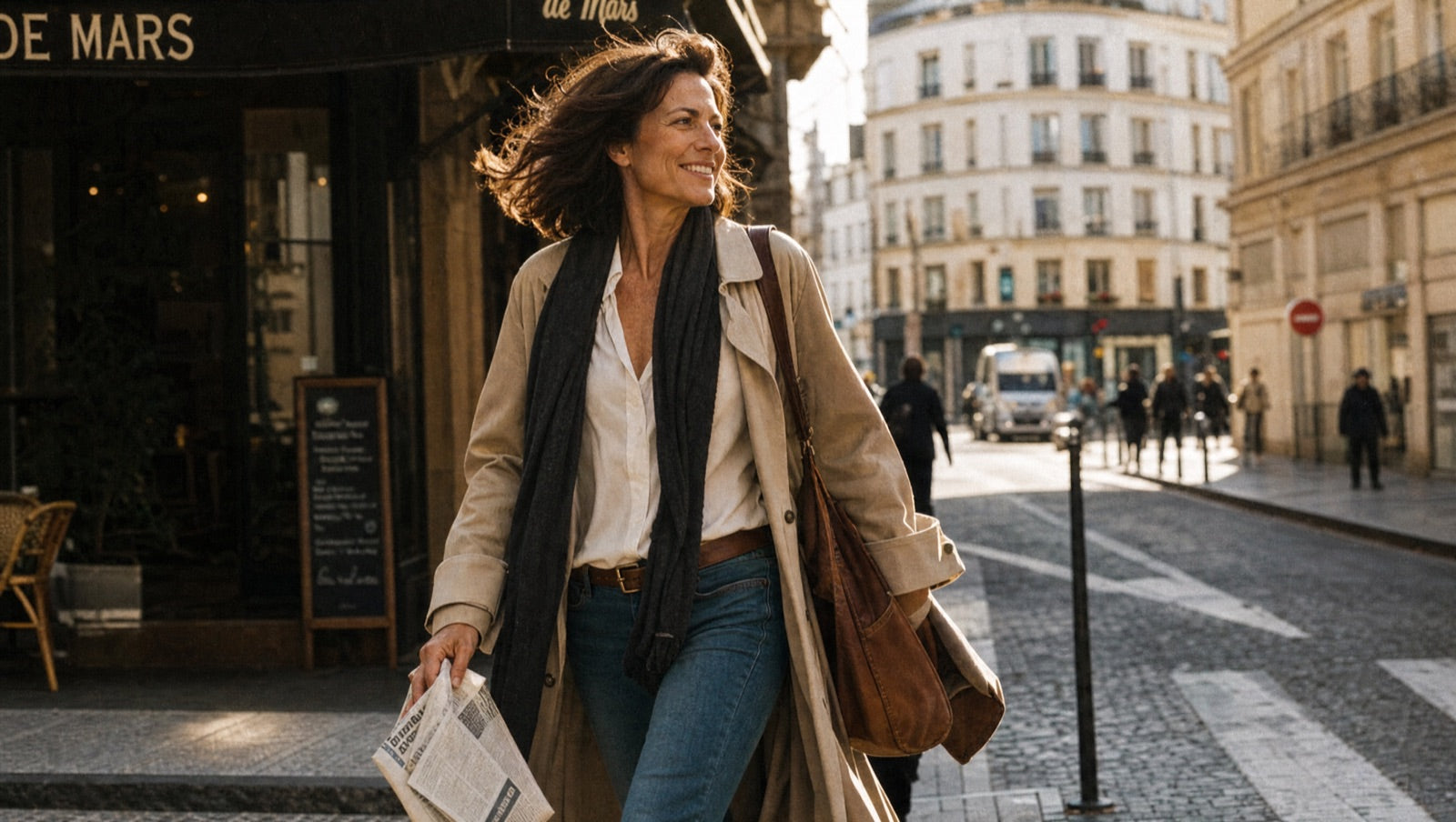 A woman walking briskly and energetically through a sunlit morning street