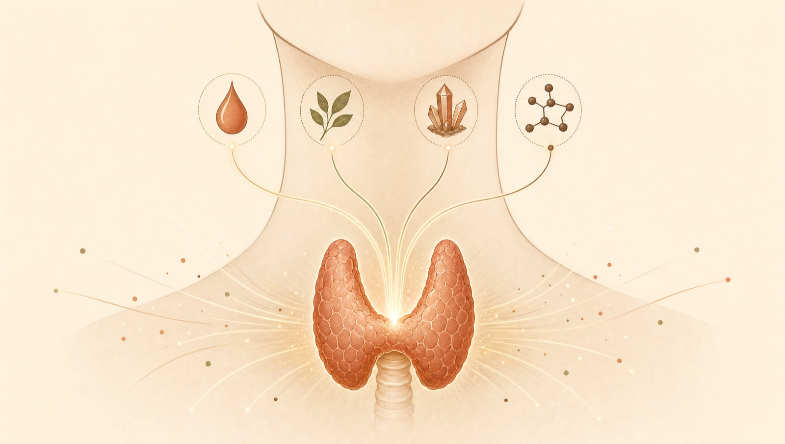 Illustration of the thyroid gland receiving iodine, selenium, B12 and tyrosine and radiating energy