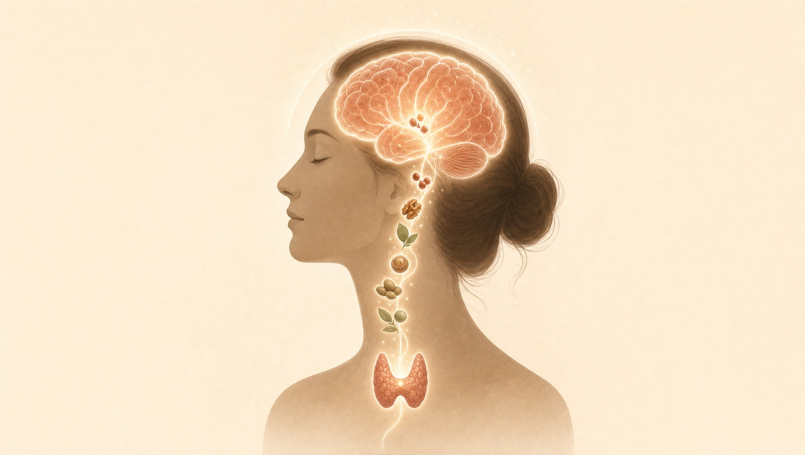 Illustration of nutrients flowing from the thyroid up to a glowing brain