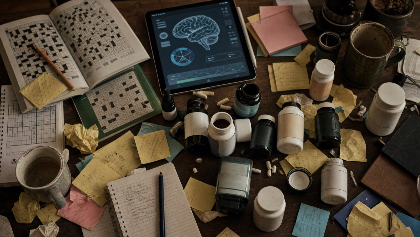 A desk piled with failed brain-fog fixes: crossword books, a brain-training app, focus supplements and sticky notes