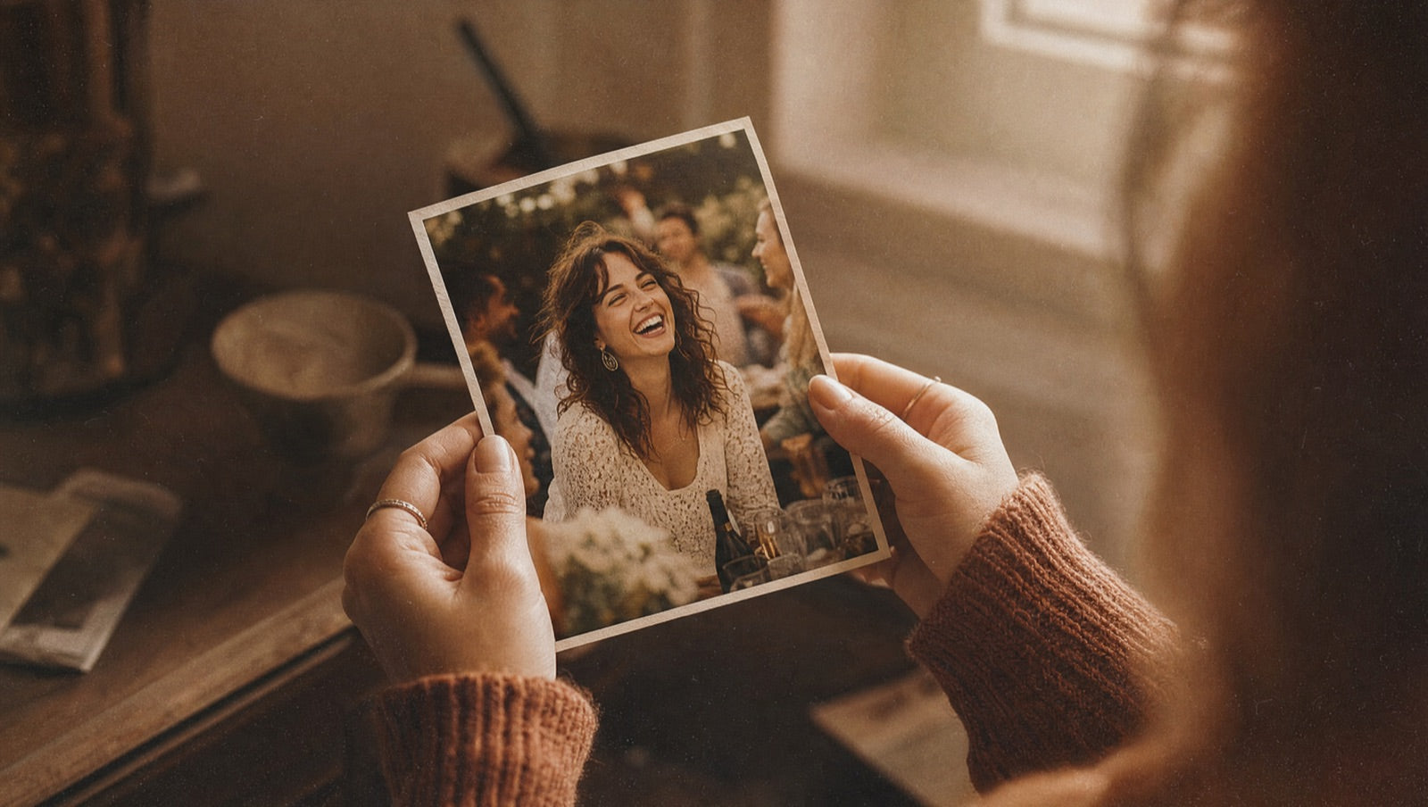 A woman's hands holding an old photo of her younger, vibrant, laughing self