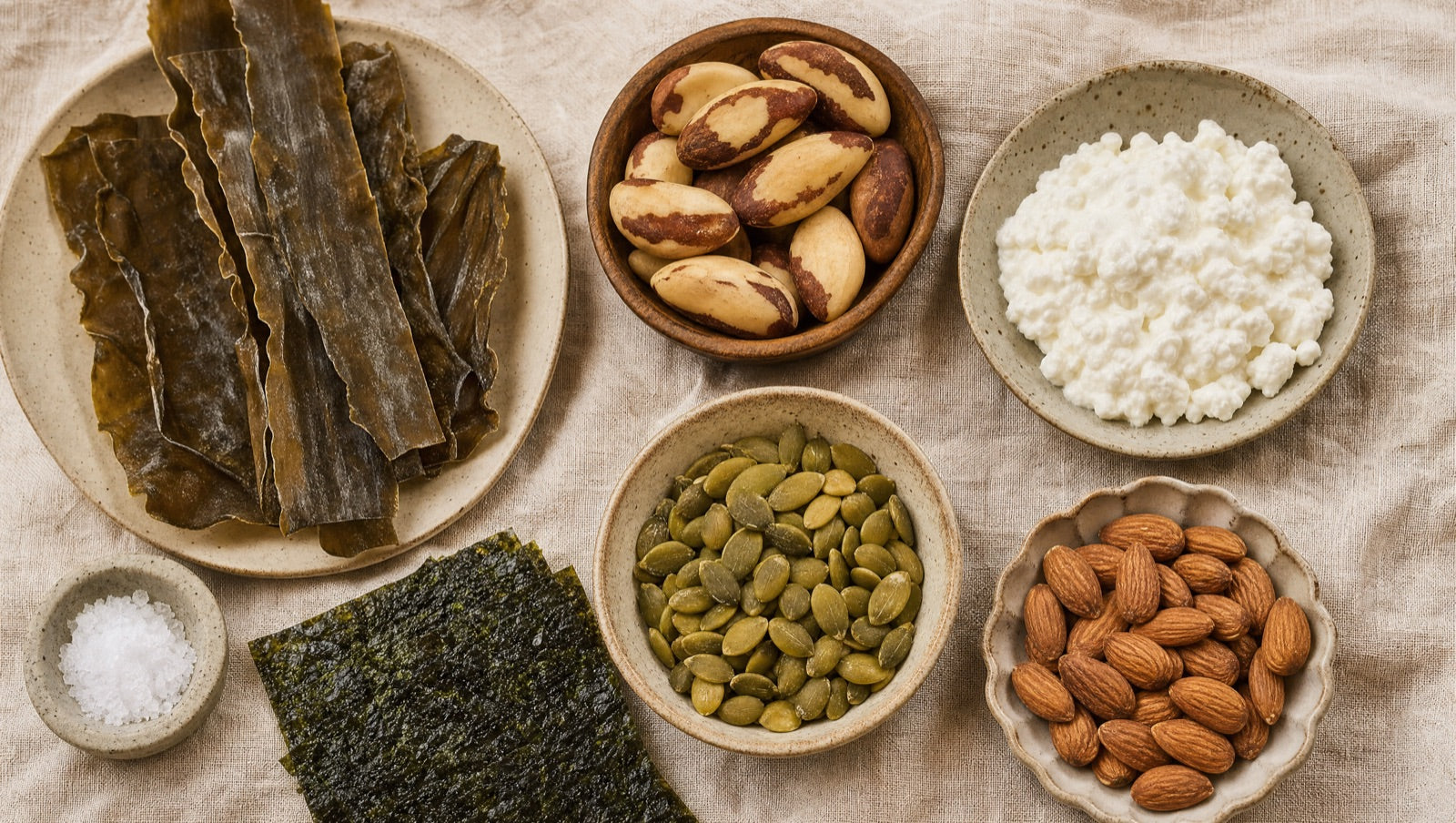 Whole-food sources of brain and thyroid nutrients arranged on cream linen
