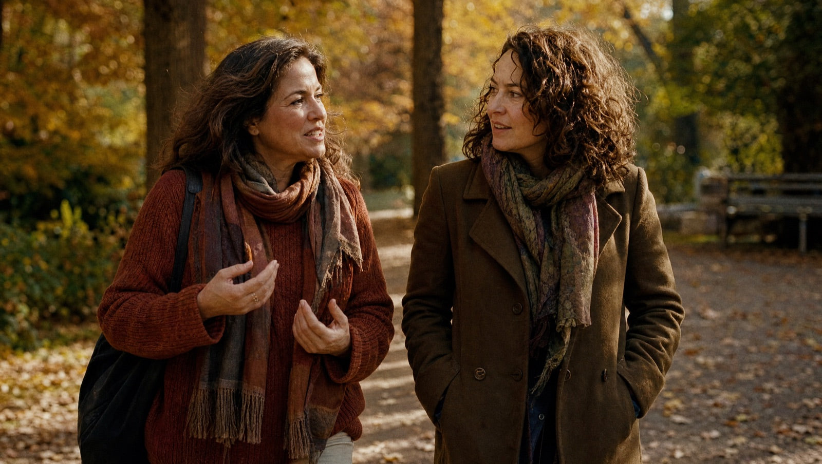 Two women walking together outdoors in autumn light, one telling the other about something that helped