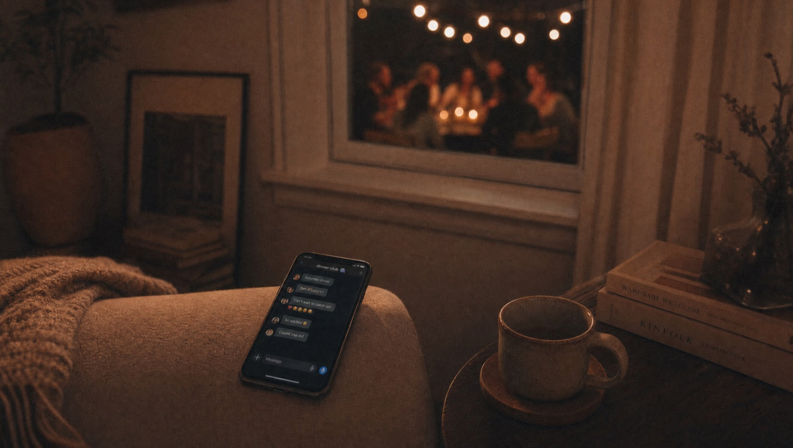 A phone glowing with a dinner invitation in a quiet living room, a gathering visible through the window
