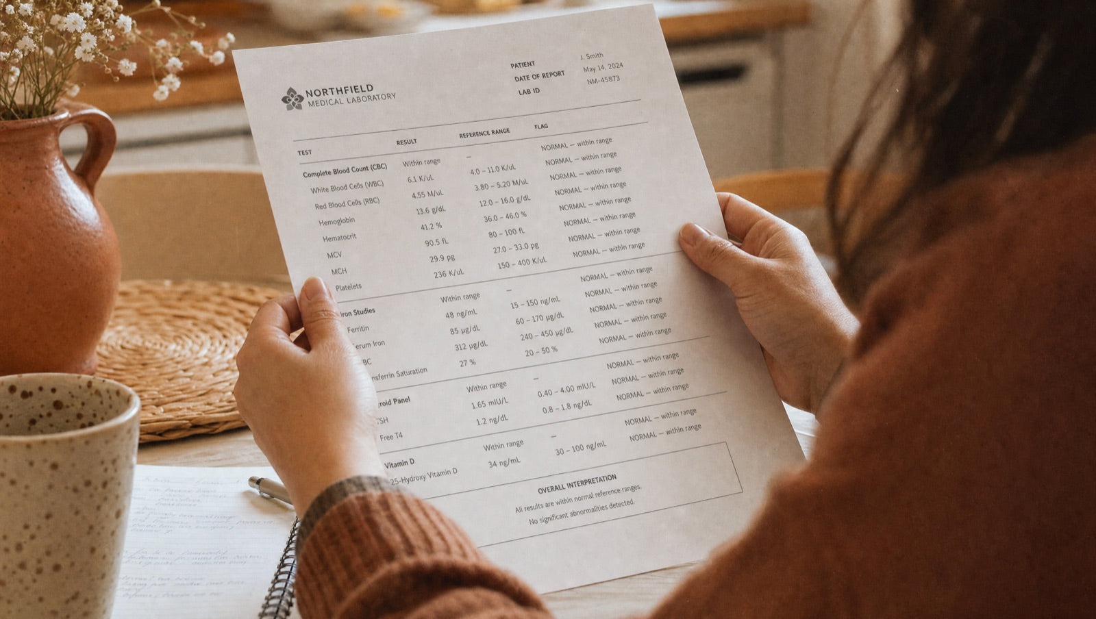 A woman's hands holding a lab report marked normal while she still feels unwell