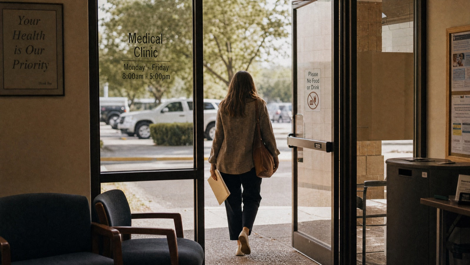 A woman walking out of a medical clinic with paperwork and no answers