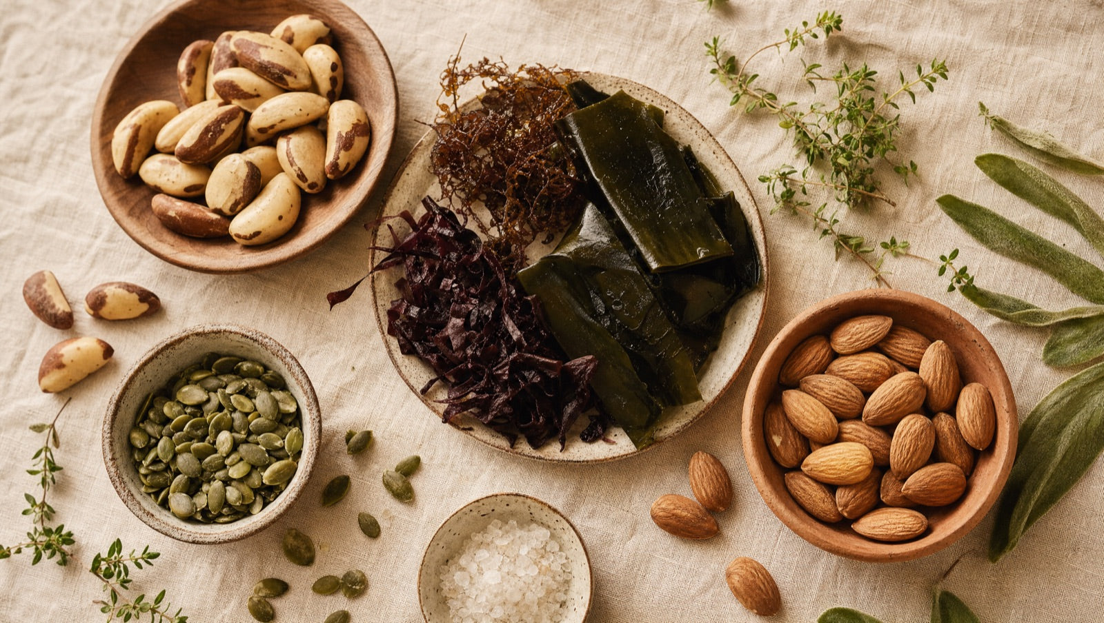 Whole-food sources of thyroid nutrients arranged on cream linen