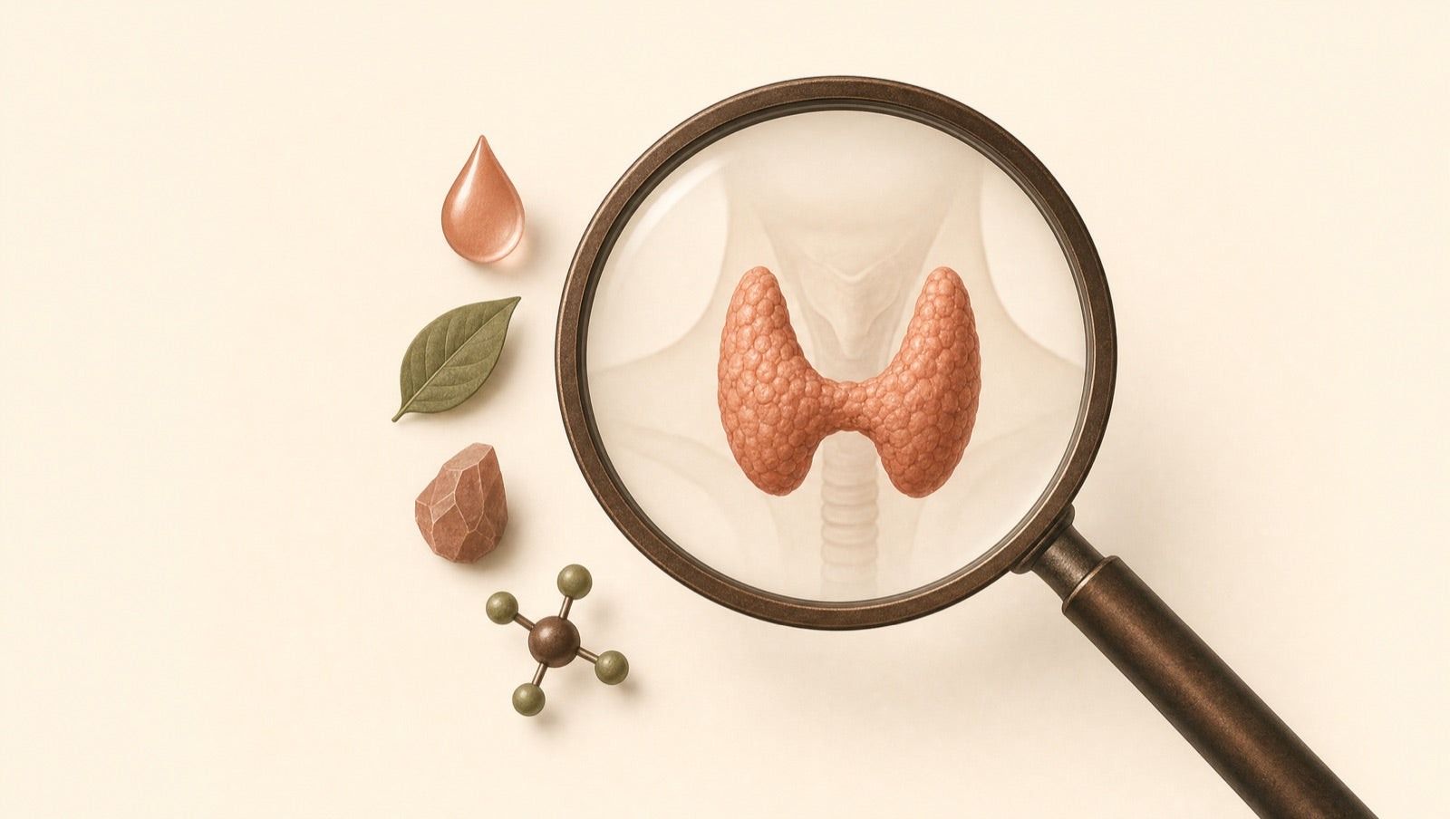 A magnifying glass examining the thyroid signal while the nutrients it needs sit overlooked outside it
