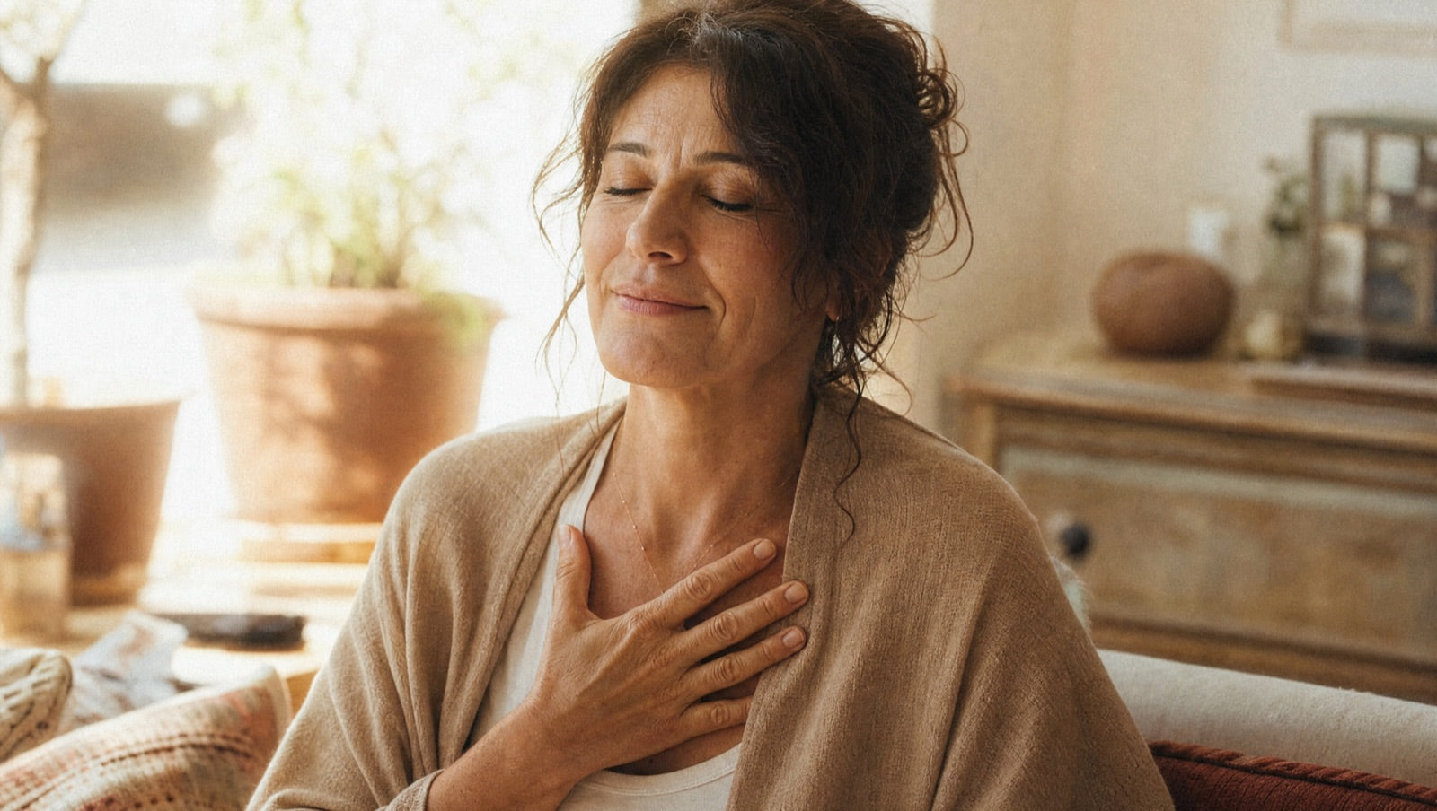 A woman sitting quietly with a hand on her chest, a small exhale of relief and self-compassion