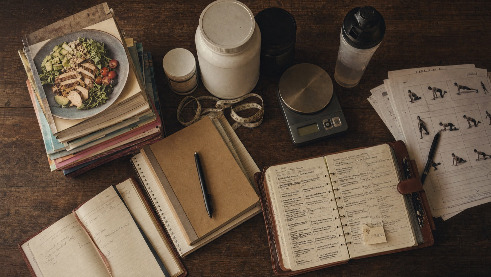 A pile of diet-culture tools that never worked: diet books, a food journal, workout schedules and planners