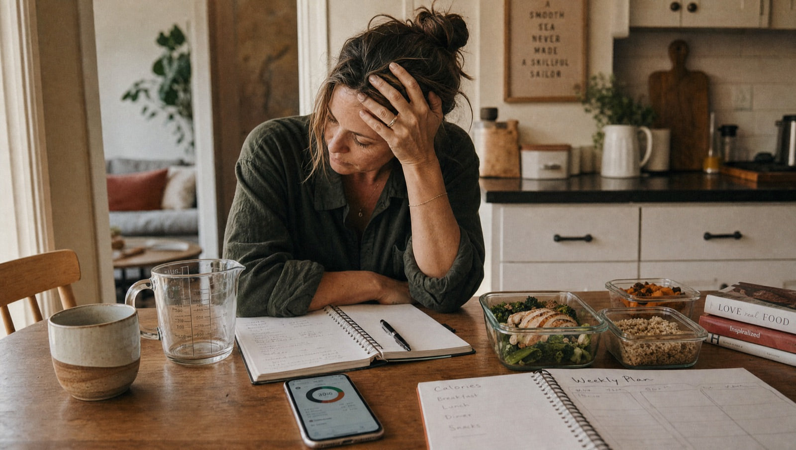 A woman at a kitchen table surrounded by meal-prep containers and a diet planner, weary after trying so hard