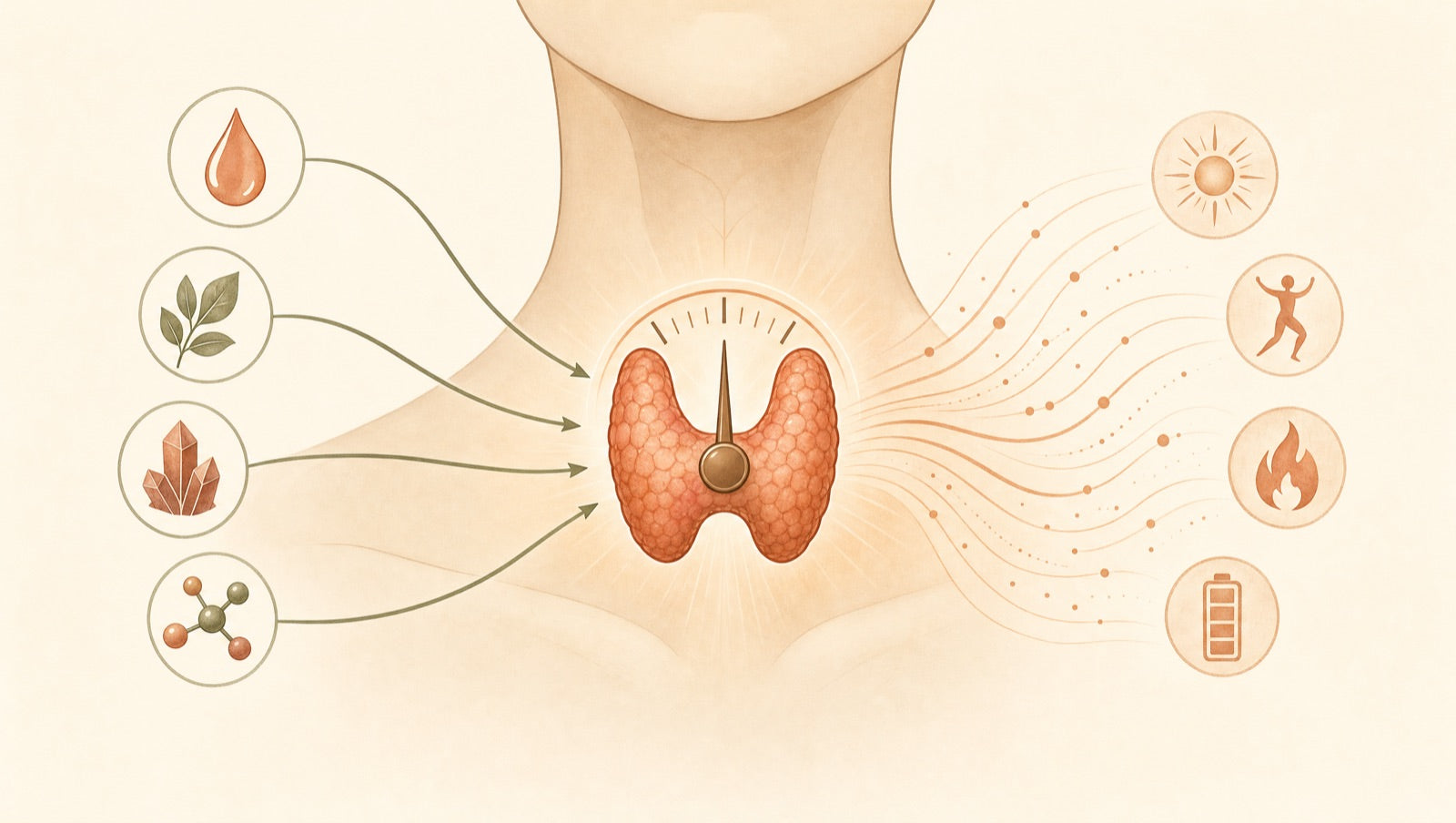Illustration of the thyroid as the control dial for the body's metabolism, fed by nutrients