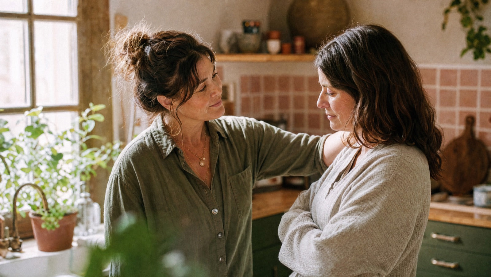 Two women in a warm kitchen, one gently reassuring the other