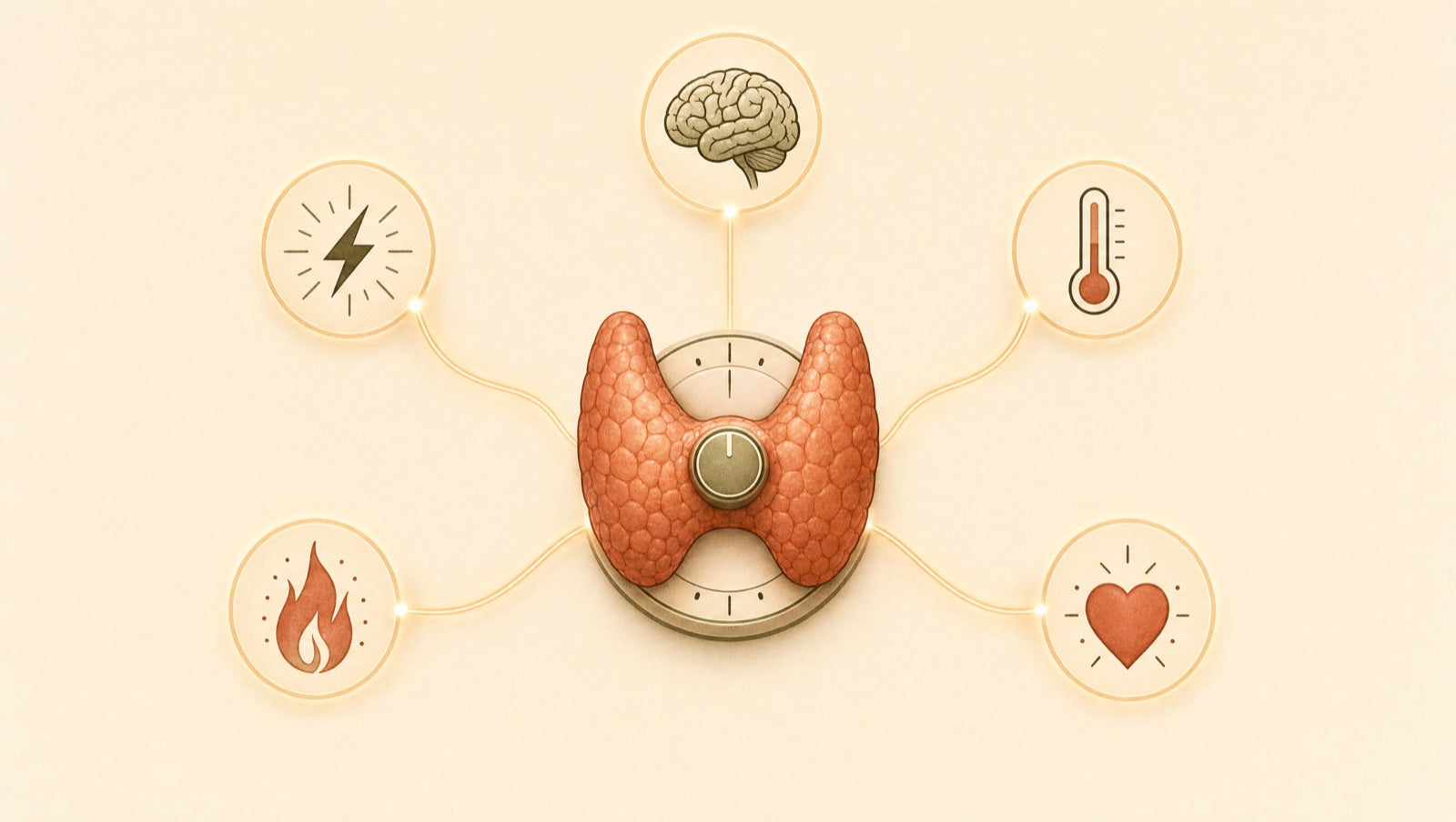Illustration of one thyroid gland radiating out to its many outputs: energy, focus, temperature, metabolism and mood