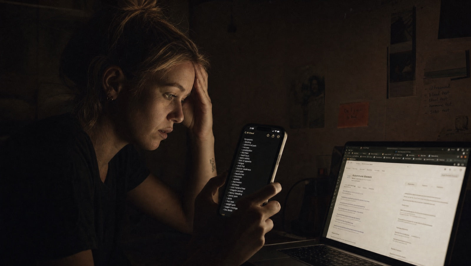 A woman at 2am scrolling a notes app full of her symptoms by phone light, mid-research