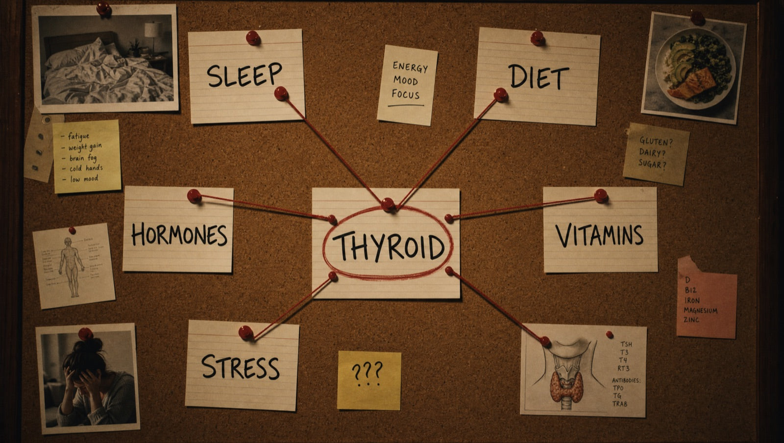 A detective corkboard of suspected causes — sleep, diet, hormones, vitamins, stress — all connected by red string to a circled Thyroid card at the center