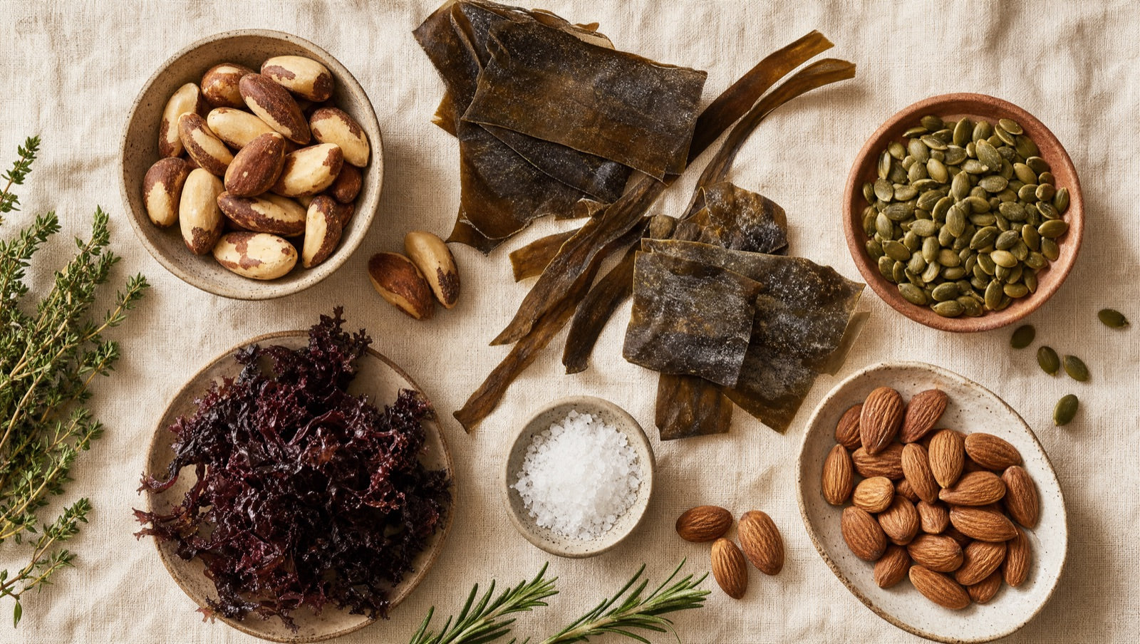 Whole-food sources of thyroid nutrients arranged on cream linen