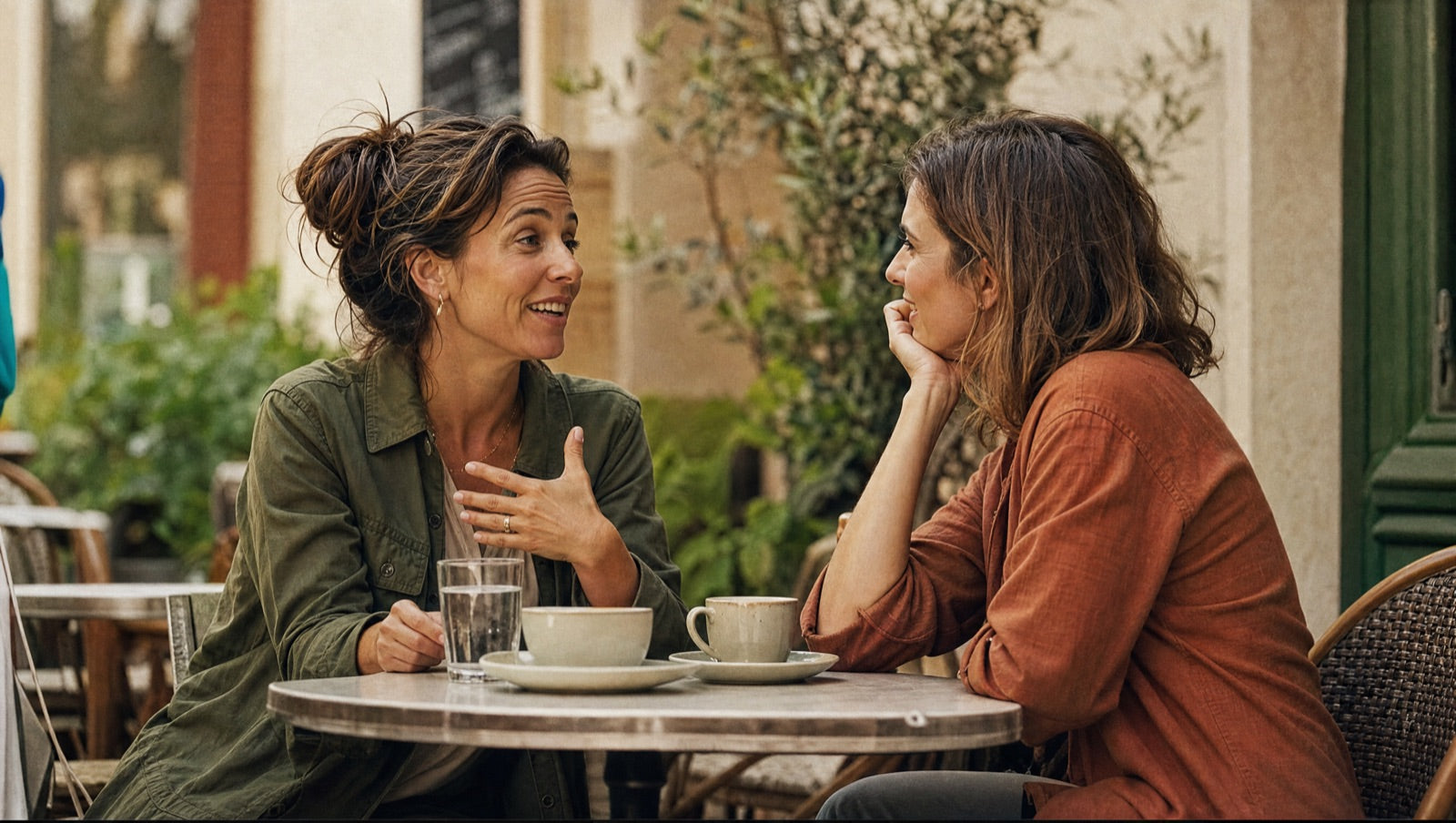 Two women over coffee at an outdoor cafe, one sharing something that finally made sense