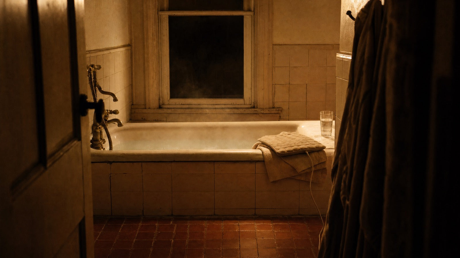 A bathroom at night with a bath just run