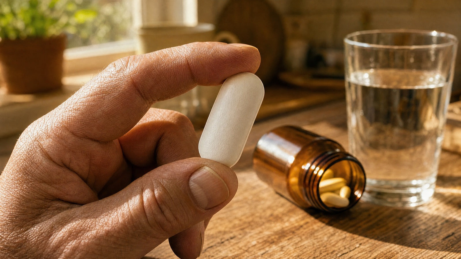 A hand holding a single large tablet beside a bottle and a glass of water